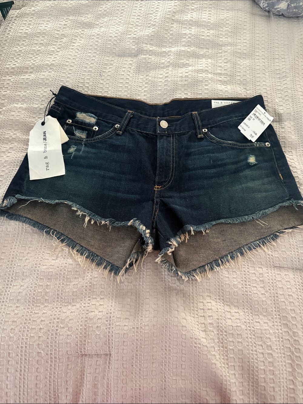 rag & bone Dark Blue Distressed Denim Cutoff Shorts